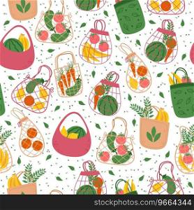 Seamless grocery bag pattern. Fruit and vegetables, organic products shopping. Decor textile, wrapping paper, wallpaper design. Print for fabric. Cartoon flat isolated illustration. Vector concept. Seamless grocery bag pattern. Fruit and vegetables, organic products shopping. Decor textile, wrapping paper, wallpaper design. Print for fabric. Cartoon flat isolated vector concept
