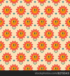 Seamless groovy pattern with retro cartoon flowers and stars. Retro 70s 60s hippie vector illustration on a beige background