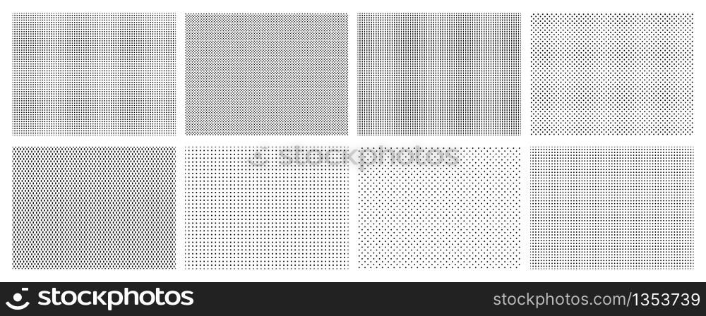 Seamless halftone dots pattern. Dotted mosaic, sport textile texture and row holes grid vector background patterns set. Halftone wallpaper, graphic point polka illustration. Seamless halftone dots pattern. Dotted mosaic, sport textile texture and row holes grid vector background patterns set