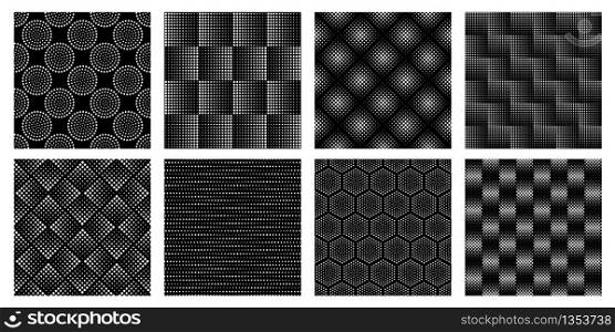 Seamless halftone geometric pattern. Dotted texture, abstract circle shapes and elegant black and white patterns vector set. Seamless halftone geometric pattern. Dotted texture, abstract circle shapes and elegant circles patterns vector set