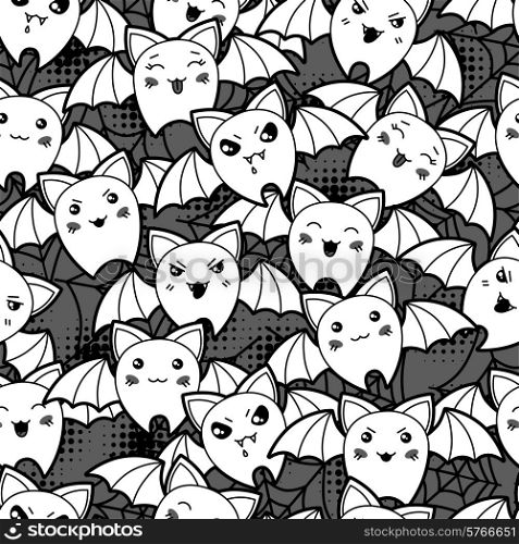 Seamless halloween kawaii cartoon pattern with cute bats.