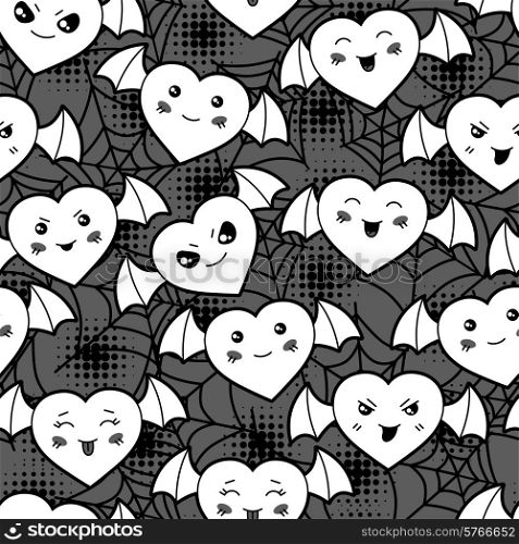 Seamless halloween kawaii cartoon pattern with cute hearts.