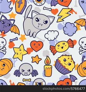 Seamless halloween kawaii pattern with cute doodles.