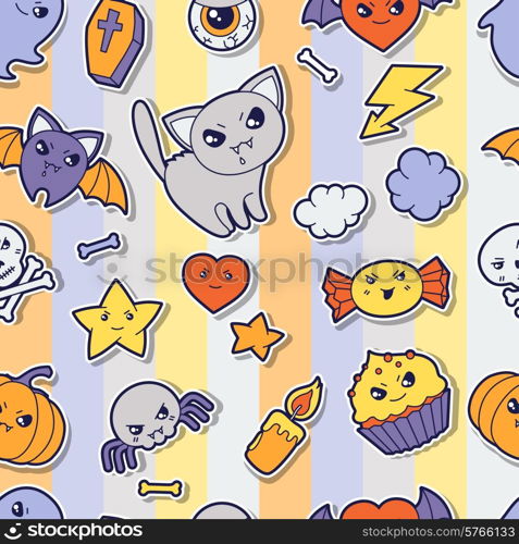 Seamless halloween kawaii pattern with sticker cute doodles.