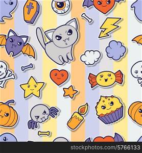 Seamless halloween kawaii pattern with sticker cute doodles.