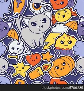 Seamless halloween kawaii pattern with sticker cute doodles.