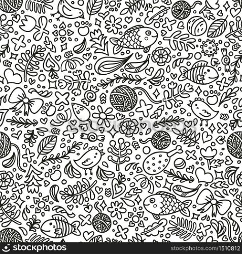 Seamless hand drawn cat dreams pattern. Coloring page. Hand-drawn illustration. Perfect antistress. Flowers, fish, toys and other cats staff. Doodle style. Black and white contours. Vector illustration.. Seamless hand drawn cat dreams pattern. Coloring page. Hand-drawn illustration. Perfect antistress. Flowers, fish, toys and other cats staff. Doodle style. Black and white contours.