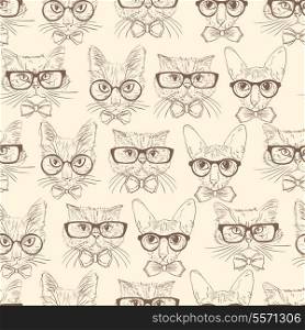 Seamless hand drawn cats in hipster accessories pattern background vector illustration