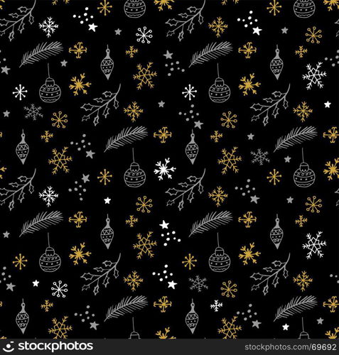 Seamless hand-drawn Christmas and New Year pattern. Black, silver and gold Seamless handdrawn Christmas and New Year pattern.Vector abstract background for textile, covers, package, wrapping paper. Doodles illustration