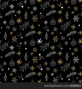 Seamless hand-drawn Christmas and New Year pattern. Black, silver and gold Seamless handdrawn Christmas and New Year pattern.Vector abstract background for textile, covers, package, wrapping paper. Doodles illustration