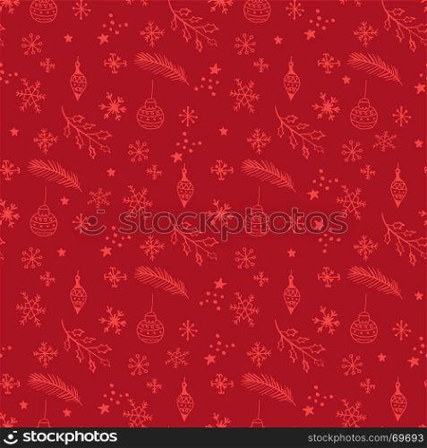 Seamless hand-drawn Christmas and New Year pattern. Red Seamless handdrawn Christmas and New Year pattern.Vector abstract background for textile, covers, package, wrapping paper. Doodles illustration