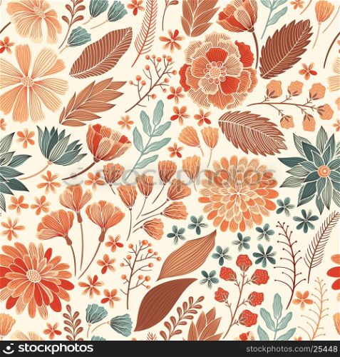 Seamless hand drawn colorful floral background pattern Decorative backdrop for fabric, textile, wrapping paper, card, invitation, wallpaper, web design.