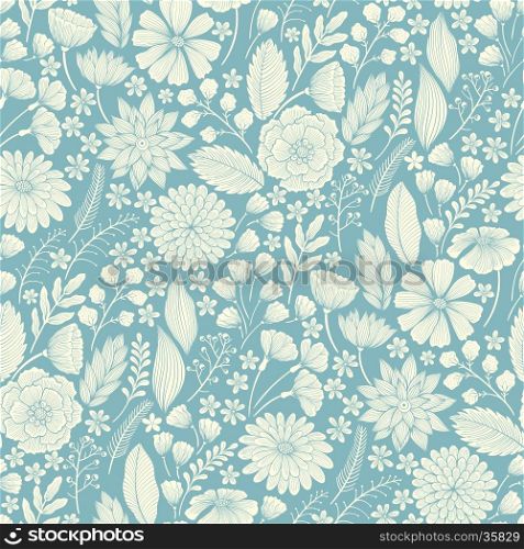 Seamless hand drawn colorful floral background pattern Decorative blue backdrop for fabric, textile, wrapping paper, card, invitation, wallpaper, web design.