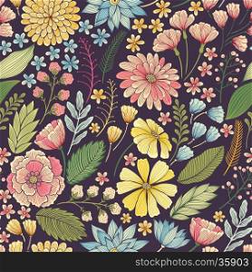Seamless hand drawn colorful floral background pattern Decorative vintage backdrop for fabric, textile, wrapping paper, card, invitation, wallpaper, web design.