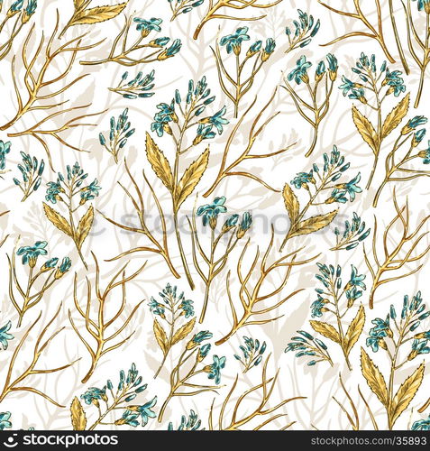 Seamless hand drawn colorful floral background pattern with wildflowers Decorative backdrop for fabric, textile, wrapping paper, card, invitation, wallpaper, web design.