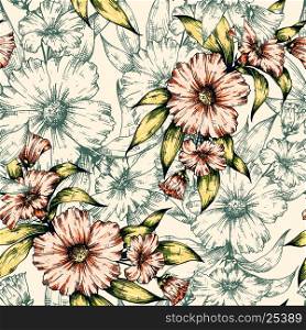 Seamless hand drawn graphic floral pattern. Vector vintage flower background illustration. Decorative backdrop for fabric, textile, wrapping paper, card, invitation, wallpaper, web design.