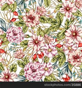 Seamless hand drawn graphic wild rose seamless pattern. Vector flower background illustration. Decorative backdrop for fabric, textile, wrapping paper, card, invitation, wallpaper, web design.