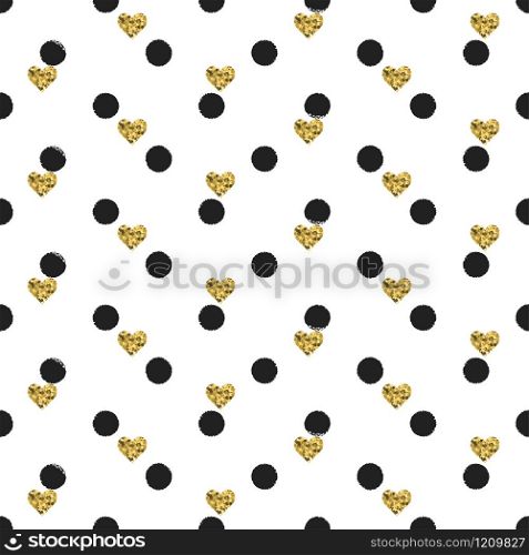 Seamless hand drawn ink polka dot pattern with gold heart shapes. Ink illustration. Brush circle background. Valentines day. Memphis style. Seamless hand drawn ink polka dot pattern with gold heart shapes. Ink illustration. Brush circle background. Valentines day. Memphis style.