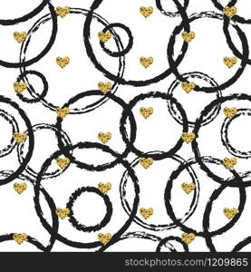 Seamless hand drawn ink polka dot pattern with gold heart shapes. Ink illustration. Brush circle background. Valentines day. Memphis style. Seamless hand drawn ink polka dot pattern with gold heart shapes. Ink illustration. Brush circle background. Valentines day. Memphis style.