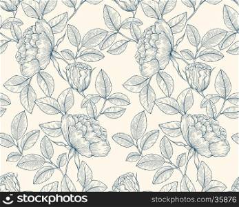 Seamless hand drawn line art graphic floral garden pattern. Vector flower background illustration. Decorative backdrop for fabric, textile, wrapping paper, card, invitation, wallpaper, web design.