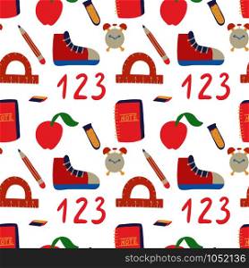 Seamless hand drawn pattern with colorful back to school on white background. Vector education illustration. . Back to school seamless pattern