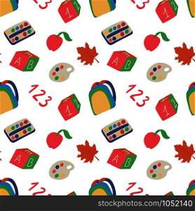 Seamless hand drawn pattern with colorful back to school on white background. Vector education illustration. . Back to school seamless pattern