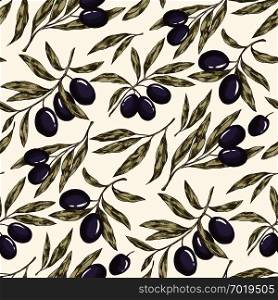 Seamless hand drawn pattern with olive tree branches. Isolated Eco botanical background
