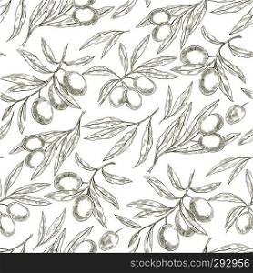 Seamless hand drawn pattern with olive tree branches. Sketch Eco botanical background