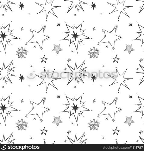 Seamless hand drawn stars pattern. Doodle star, sketch night sky. Starry xmas wrapping, textile ornament or childrens room wallpaper vector illustration. Seamless hand drawn stars pattern. Doodle star, sketch night sky vector illustration