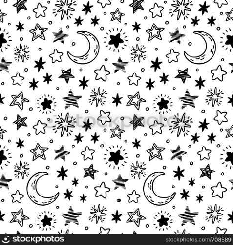 Seamless hand drawn stars. Starry sky sketch, doodle star and night. Night stars sky gift wrapping or wallpaper vector pattern illustration. Seamless hand drawn stars. Starry sky sketch, doodle star and night vector pattern illustration