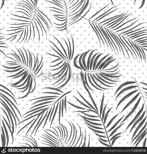 Seamless hand drawn tropical pattern with areca leaves, jungle exotic leaf in black and white color on polka dot background. Fashion textile print, summer floral wallpaper. Vector illustration. Seamless hand drawn tropical pattern with areca leaves, jungle exotic leaf on white background