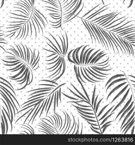 Seamless hand drawn tropical pattern with areca leaves, jungle exotic leaf in black and white color on polka dot background. Fashion textile print, summer floral wallpaper. Vector illustration. Seamless hand drawn tropical pattern with areca leaves, jungle exotic leaf on white background