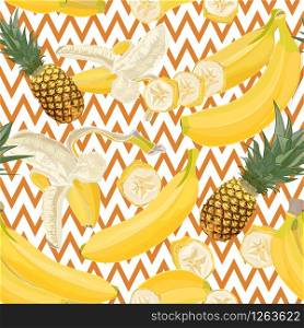 Seamless hand drawn tropical pattern with banana and pineapple fruit on geometric background. Fashion textile print, summer floral wallpaper. Vector illustration, botanical drawing. Seamless hand drawn tropical pattern with banana and pineapple fruit on geometric background