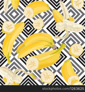 Seamless hand drawn tropical pattern with banana fruit on geometric background. Fashion textile print, summer floral wallpaper. Vector illustration, botanical drawing. Seamless hand drawn tropical pattern with banana fruit on geometric background