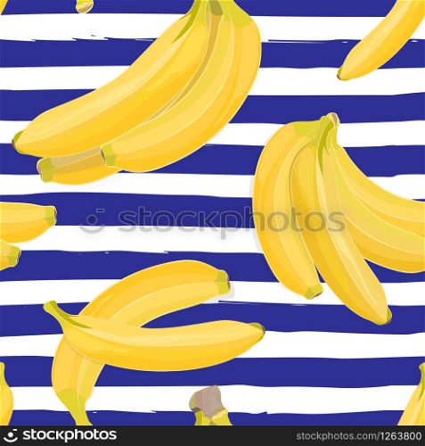 Seamless hand drawn tropical pattern with banana fruit on white and blue background. Fashion textile print, summer floral wallpaper. Vector illustration, botanical drawing. Seamless hand drawn tropical pattern with banana fruit on white and blue background