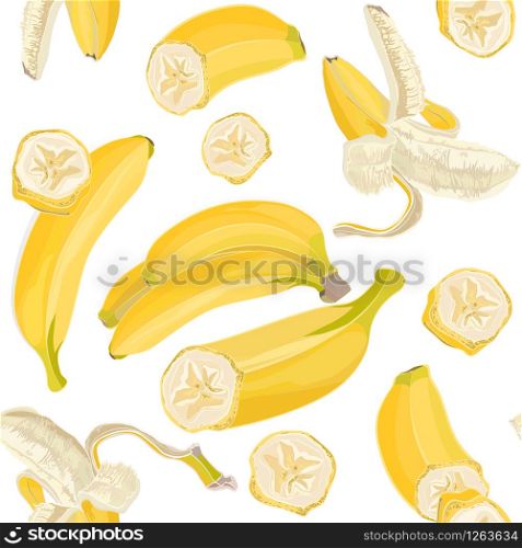 Seamless hand drawn tropical pattern with banana fruit on white background. Fashion textile print, summer floral wallpaper. Vector illustration, botanical drawing. Seamless hand drawn tropical pattern with banana fruit on white background