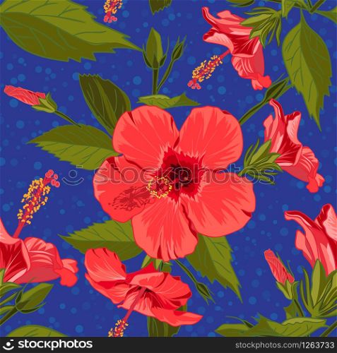 Seamless hand drawn tropical pattern with jungle exotic hibiscus flower on dark blue background. Fashion textile print, summer floral wallpaper. Vector illustration, botanical drawing. Seamless hand drawn tropical pattern with jungle exotic hibiscus flower on dark blue background