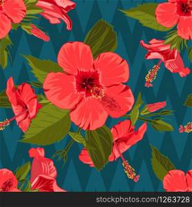 Seamless hand drawn tropical pattern with jungle exotic hibiscus flower on dark geometric background. Fashion textile print, summer floral wallpaper. Vector illustration, botanical drawing. Seamless hand drawn tropical pattern with jungle exotic hibiscus flower on dark geometric background