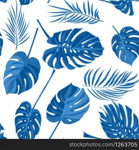 Seamless hand drawn tropical pattern with palm leaves in blue color, jungle exotic leaf on white background. Vector illustration, botanical drawing. Seamless hand drawn tropical pattern with palm leaves in blue color, jungle exotic leaf on white background