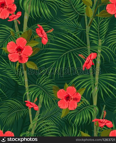 Seamless hand drawn tropical pattern with palm leaves, jungle exotic flower on dark background. Fashion textile print, summer floral wallpaper. Vector illustration, botanical drawing. Seamless hand drawn tropical pattern with palm leaves, jungle exotic flower on dark background