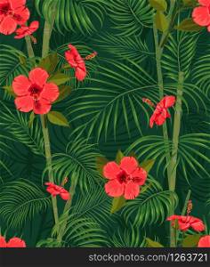 Seamless hand drawn tropical pattern with palm leaves, jungle exotic flower on dark background. Fashion textile print, summer floral wallpaper. Vector illustration, botanical drawing. Seamless hand drawn tropical pattern with palm leaves, jungle exotic flower on dark background