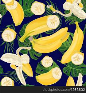 Seamless hand drawn tropical pattern with palm leaves, jungle exotic leaf and banana fruit on dark background. Fashion textile print, summer floral wallpaper. Vector illustration, botanical drawing. Seamless hand drawn tropical pattern with palm leaves, jungle exotic leaf and banana fruit on dark background