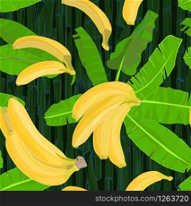 Seamless hand drawn tropical pattern with palm leaves, jungle exotic leaf and banana fruit on dark bamboo background. Fashion textile print, floral wallpaper. Vector illustration, botanical drawing. Seamless hand drawn tropical pattern with palm leaves, jungle exotic leaf and banana fruit on dark bamboo background