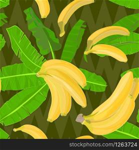 Seamless hand drawn tropical pattern with palm leaves jungle exotic leaf and banana fruit on dark geometrical background. Fashion textile print summer wallpaper. Vector illustration, botanical drawing. Seamless hand drawn tropical pattern with palm leaves, jungle exotic leaf and banana fruit on dark geometrical background