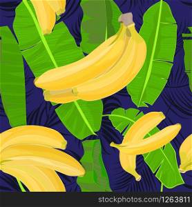 Seamless hand drawn tropical pattern with palm leaves, jungle exotic leaf and banana fruit on dark background. Fashion textile print, summer floral wallpaper. Vector illustration, botanical drawing. Seamless hand drawn tropical pattern with palm leaves, jungle exotic leaf and banana fruit on dark background