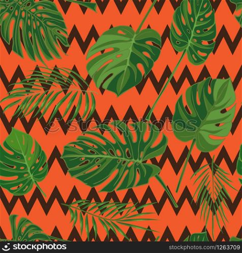 Seamless hand drawn tropical pattern with palm leaves, jungle exotic leaf on dark background. Fashion textile print, summer floral wallpaper. Vector illustration, botanical drawing. Seamless hand drawn tropical pattern with palm leaves, jungle exotic leaf on dark background