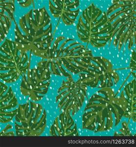 Seamless hand drawn tropical pattern with palm leaves, jungle exotic leaf on dark background. Fashion textile print, summer floral wallpaper. Vector illustration, botanical drawing. Seamless hand drawn tropical pattern with palm leaves, jungle exotic leaf on dark background