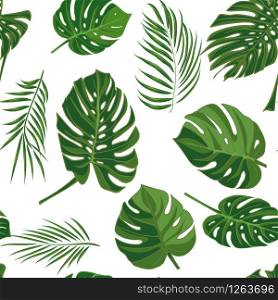Seamless hand drawn tropical pattern with palm leaves, jungle exotic leaf on white background. Fashion textile print, summer floral wallpaper. Vector illustration, botanical drawing. Seamless hand drawn tropical pattern with palm leaves, jungle exotic leaf on white background