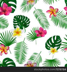 Seamless hand drawn tropical vector pattern with orchid flowers and exotic palm leaves on white background.