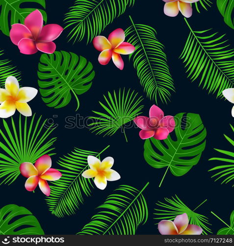 Seamless hand drawn tropical vector pattern with orchid flowers and exotic palm leaves on dark background.